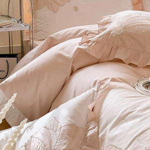 VILZSTUDIOS pastel blue or blush pink and cream floral appliqué bedding set with ruffled borders