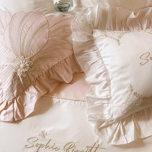 VILZSTUDIOS pastel blue or blush pink and cream floral appliqué bedding set with ruffled borders