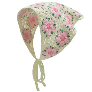 VILZSTUDIOS Floral crochet triangle bandana with pink flowers and green leaves