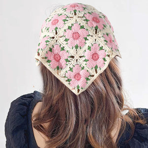 VILZSTUDIOS Floral crochet triangle bandana with pink flowers and green leaves