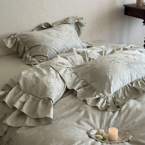 VILZSTUDIOS green, pink or white floral damask duvet cover set with gathered ruffle borders