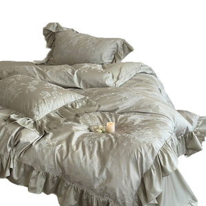 VILZSTUDIOS green, pink or white floral damask duvet cover set with gathered ruffle borders