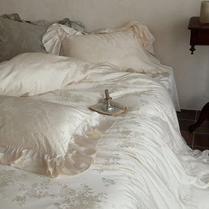 VILZSTUDIOS green, pink or white floral damask duvet cover set with gathered ruffle borders