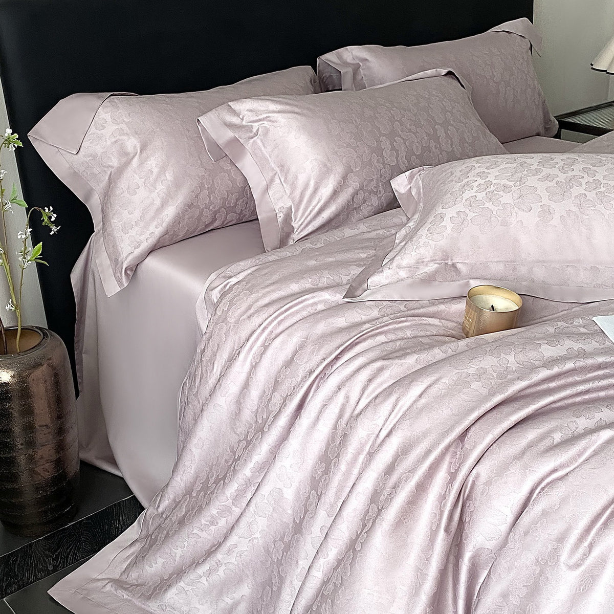 VILZSTUDIOS pastel and neutral floral jacquard satin duvet cover set with wide-flange pillowcases