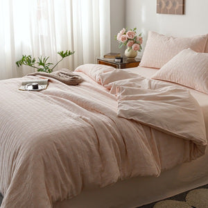 VILZSTUDIOS blush pink, pale sage green and tan beige jacquard textured duvet cover set