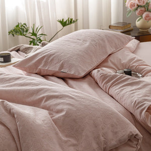 VILZSTUDIOS blush pink, pale sage green and tan beige jacquard textured duvet cover set