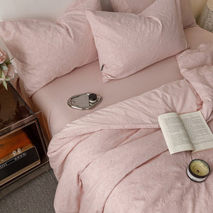 VILZSTUDIOS blush pink, pale sage green and tan beige jacquard textured duvet cover set