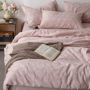 VILZSTUDIOS blush pink, pale sage green and tan beige jacquard textured duvet cover set