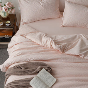 VILZSTUDIOS blush pink, pale sage green and tan beige jacquard textured duvet cover set