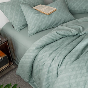VILZSTUDIOS blush pink, pale sage green and tan beige jacquard textured duvet cover set
