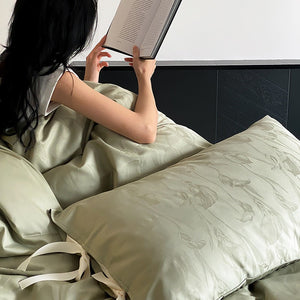 VILZSTUDIOS sage green or pale lavender-gray satin flat sheet with tonal floral jacquard