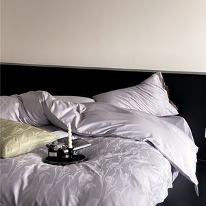 VILZSTUDIOS sage green or pale lavender-gray satin flat sheet with tonal floral jacquard