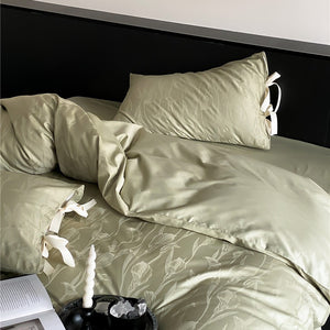 VILZSTUDIOS sage green or pale lavender-gray satin flat sheet with tonal floral jacquard