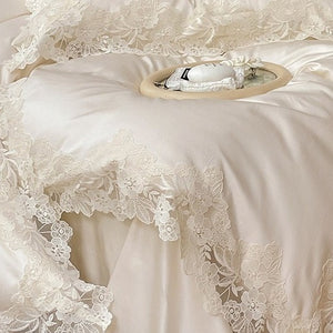 VILZSTUDIOS pastel satin bedding set with wide floral lace borders and scalloped edges