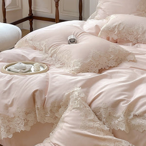 VILZSTUDIOS pastel satin bedding set with wide floral lace borders and scalloped edges