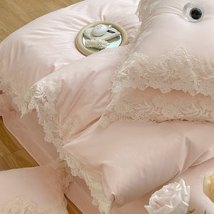 VILZSTUDIOS pastel satin bedding set with wide floral lace borders and scalloped edges
