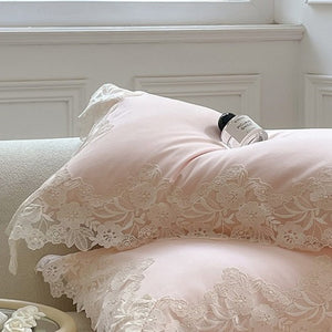 VILZSTUDIOS pastel satin bedding set with wide floral lace borders and scalloped edges