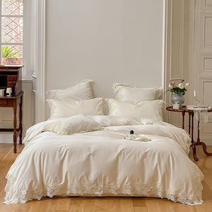 VILZSTUDIOS pastel satin bedding set with wide floral lace borders and scalloped edges
