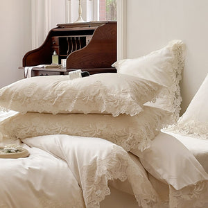 VILZSTUDIOS pastel satin bedding set with wide floral lace borders and scalloped edges