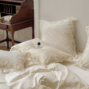 VILZSTUDIOS pastel satin bedding set with wide floral lace borders and scalloped edges