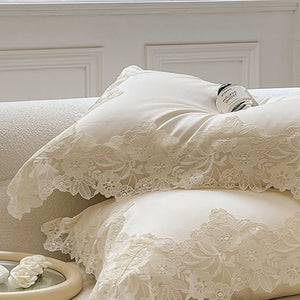 VILZSTUDIOS pastel satin bedding set with wide floral lace borders and scalloped edges