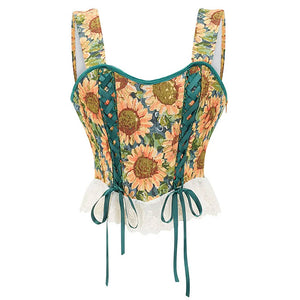 VILZSTUDIOS Floral corset top with lace-up design and lace trim