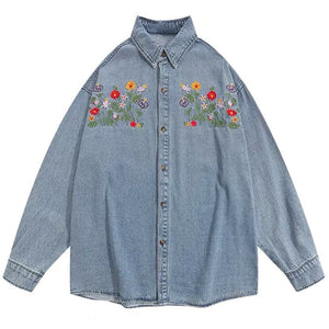 VILZSTUDIOS Floral embroidery denim shirt for streetwear fashion