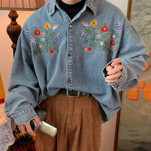 VILZSTUDIOS Floral embroidery denim shirt for streetwear fashion