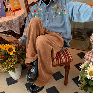 VILZSTUDIOS Floral embroidery denim shirt for streetwear fashion