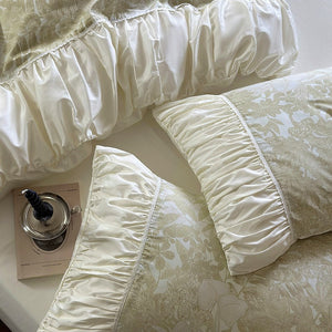 VILZSTUDIOS sage green or dusty blush pink floral toile bedding set with ivory ruffles and lace piping