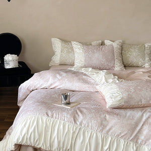 VILZSTUDIOS sage green or dusty blush pink floral toile bedding set with ivory ruffles and lace piping