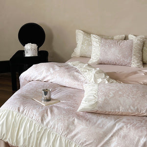VILZSTUDIOS sage green or dusty blush pink floral toile bedding set with ivory ruffles and lace piping
