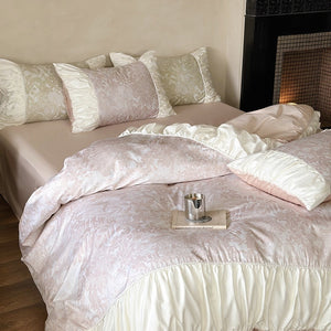 VILZSTUDIOS sage green or dusty blush pink floral toile bedding set with ivory ruffles and lace piping