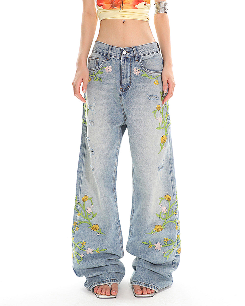 VILZSTUDIOS Floral embroidery jeans with wide-leg fit and pastel details