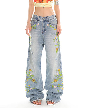 VILZSTUDIOS Floral embroidery jeans with wide-leg fit and pastel details
