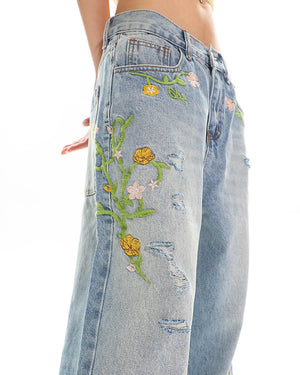 VILZSTUDIOS Floral embroidery jeans with wide-leg fit and pastel details