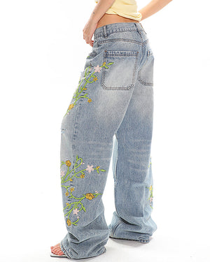 VILZSTUDIOS Floral embroidery jeans with wide-leg fit and pastel details