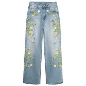 VILZSTUDIOS Floral embroidery jeans with wide-leg fit and pastel details