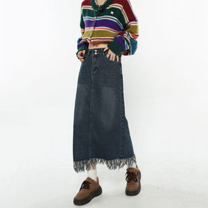 VILZSTUDIOS Fringe Detail Long Denim Skirt product image