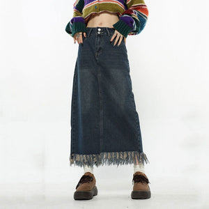 VILZSTUDIOS Fringe Detail Long Denim Skirt product image