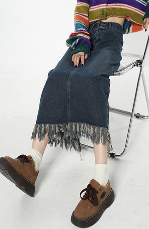 VILZSTUDIOS Fringe Detail Long Denim Skirt product image