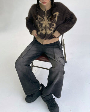 VILZSTUDIOS Fuzzy bomber jacket with butterfly print design