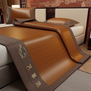 VILZSTUDIOS neutral-toned geometric woven cooling sleep mat with wide fabric binding