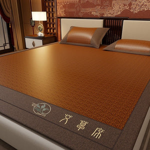 VILZSTUDIOS neutral-toned geometric woven cooling sleep mat with wide fabric binding