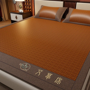 VILZSTUDIOS neutral-toned geometric woven cooling sleep mat with wide fabric binding