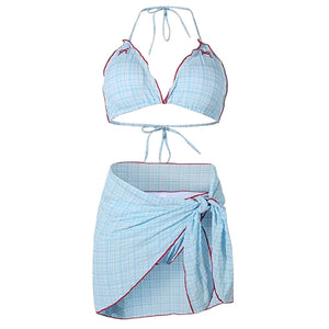 VILZSTUDIOS Gingham beach skirt set with bow embroidery