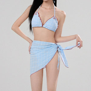 VILZSTUDIOS Gingham beach skirt set with bow embroidery