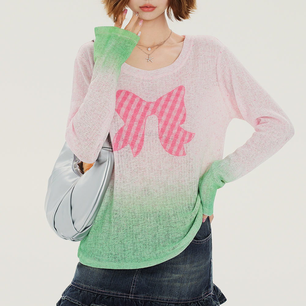 VILZSTUDIOS Gradient knit pullover with gingham bow print