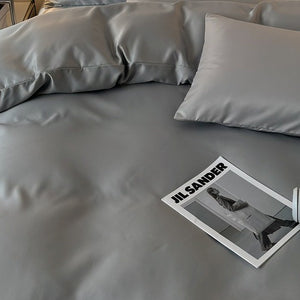 VILZSTUDIOS solid and two-tone pastel satin bedding set with a glossy finish