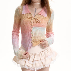 VILZSTUDIOS Gradient knit top with lace-up front and collar